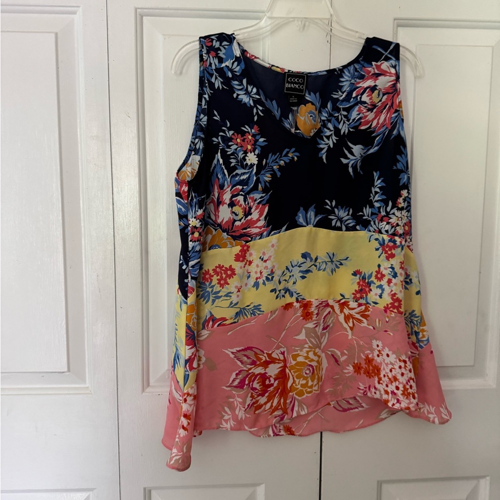 Coco Bianco Blue and Yellow Asymmetrical Tiered Tank Top